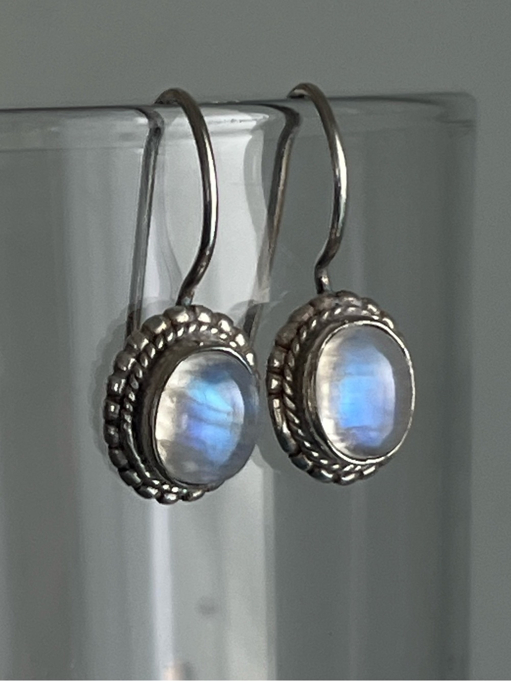 Vintage Sterling Silver Rainbow Moonstone Drop Earrings